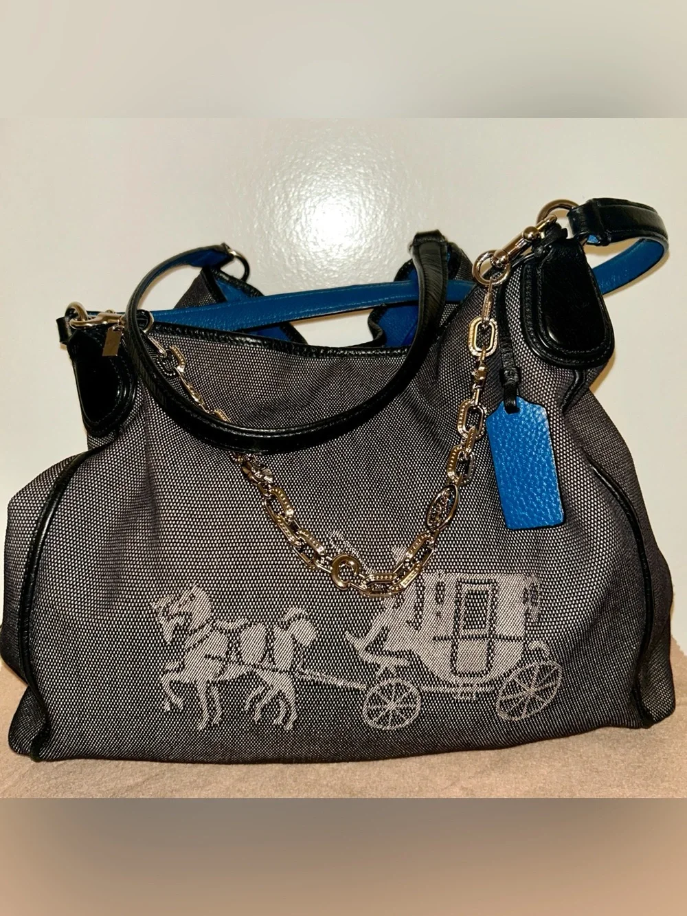 Coach Edie 31 Black & Blue Needlepoint Canvas Horse & Carriage Shoulder Bag EUC